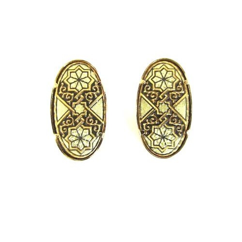 Vintage Damascene Enamel Earrings Clip On